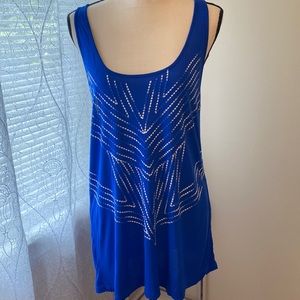 Long blue tank with embroidered design and deep scoop neck